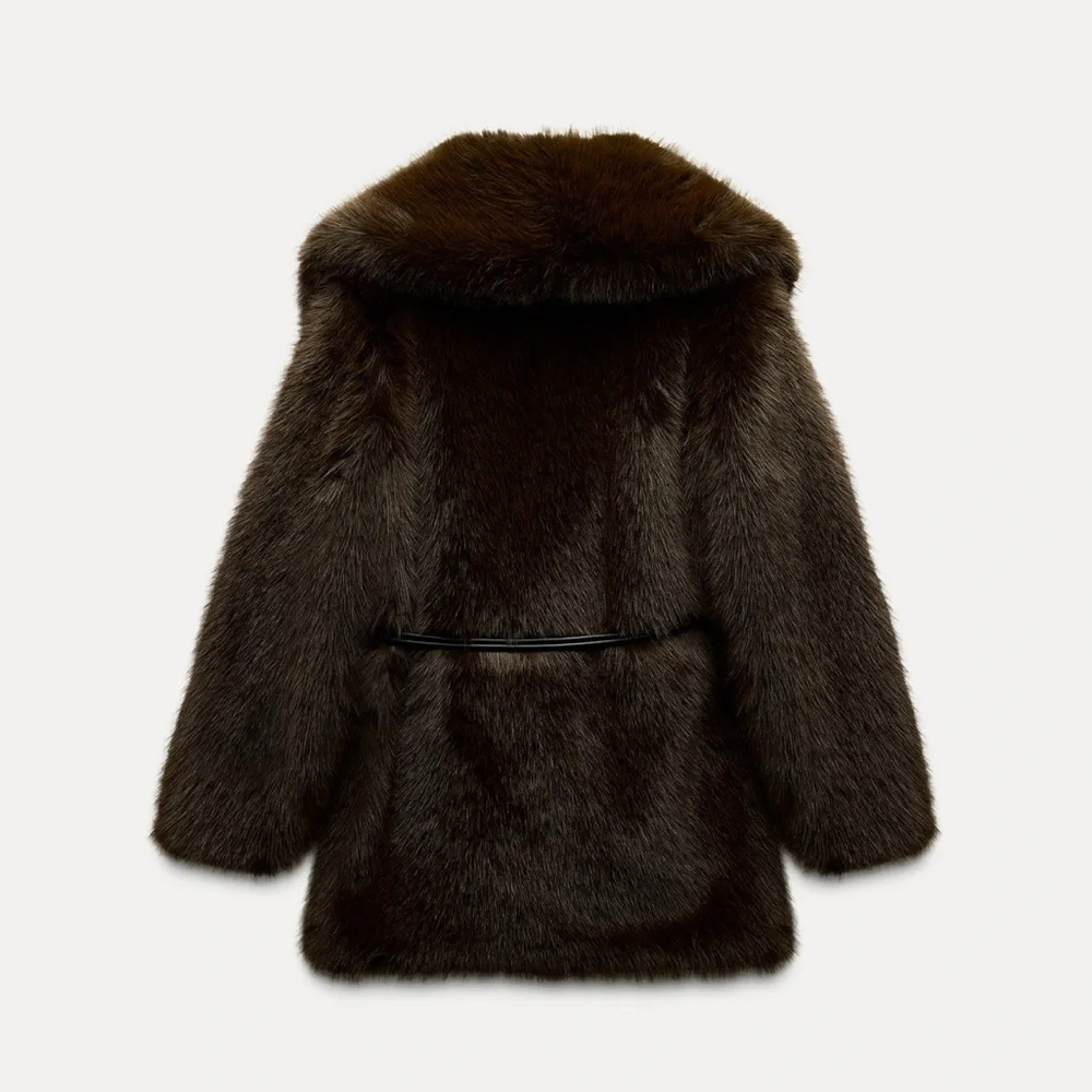Zara FAUX FUR COAT WITH BELT - Picture 7 of 13